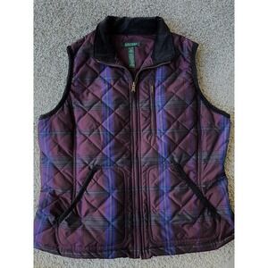 Lauren Ralph Lauren Quilted Vest Plaid Corduroy trim lightweight vest Pockets XL